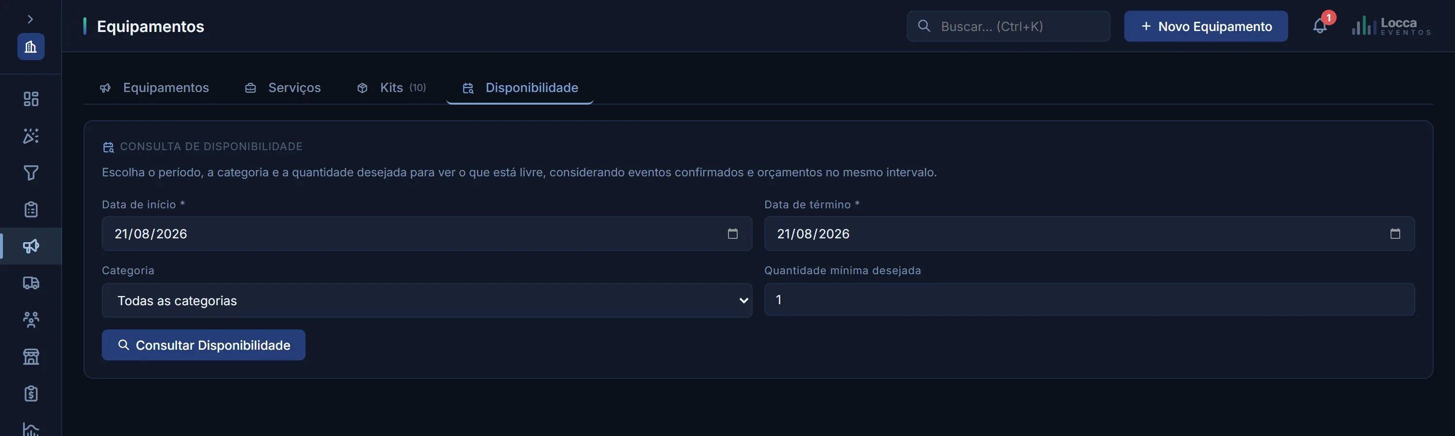 Consulta de disponibilidade do acervo no Locca: os campos de período, categoria e quantidade mínima desejada, para saber o que está livre antes de prometer a data ao cliente.