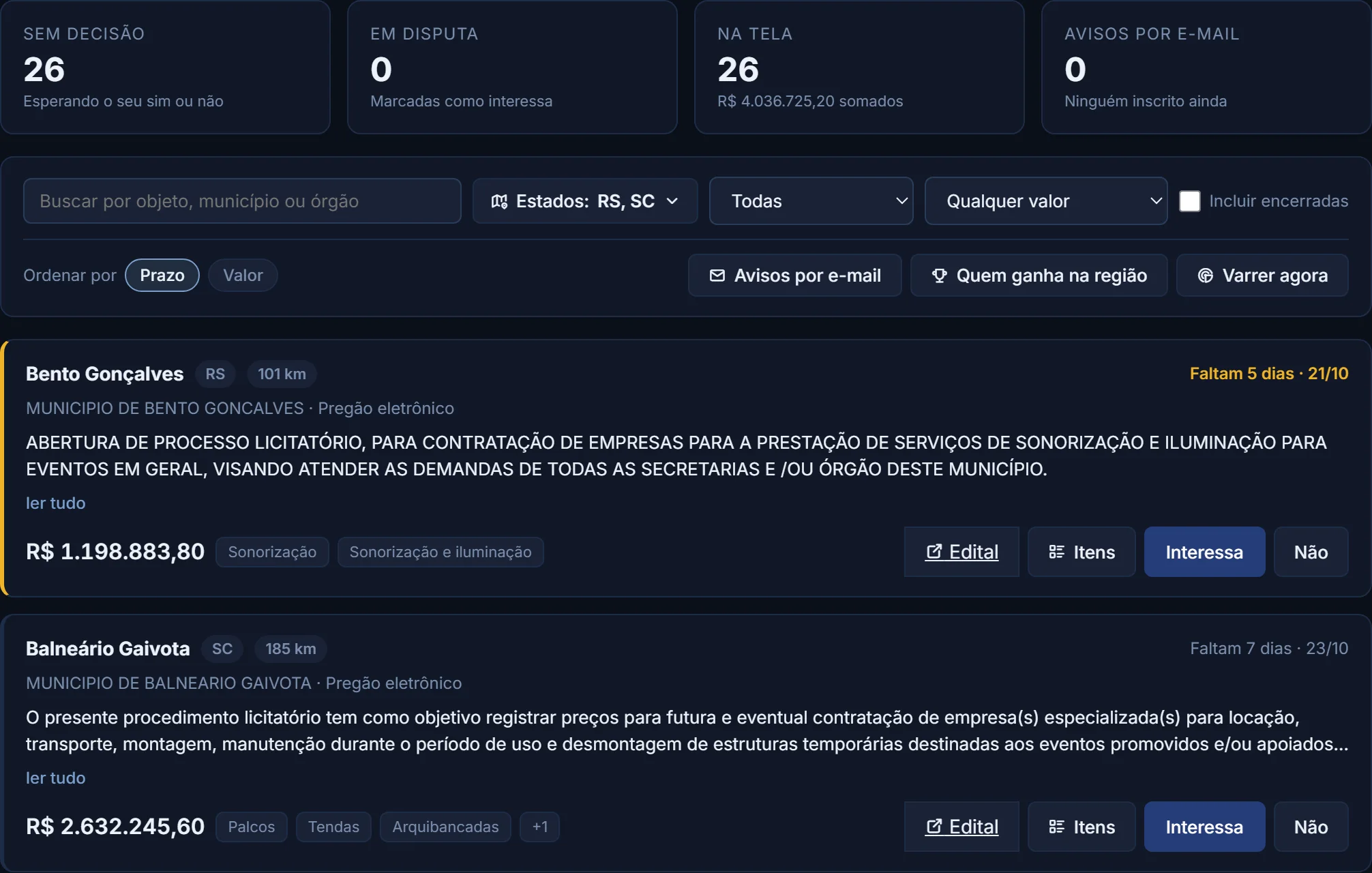 Radar de licitações do Locca: quantos editais esperam decisão e quanto somam, os filtros por estado e valor, e um edital de sonorização e iluminação com o município, o valor, as categorias e os botões Interessa e Não.