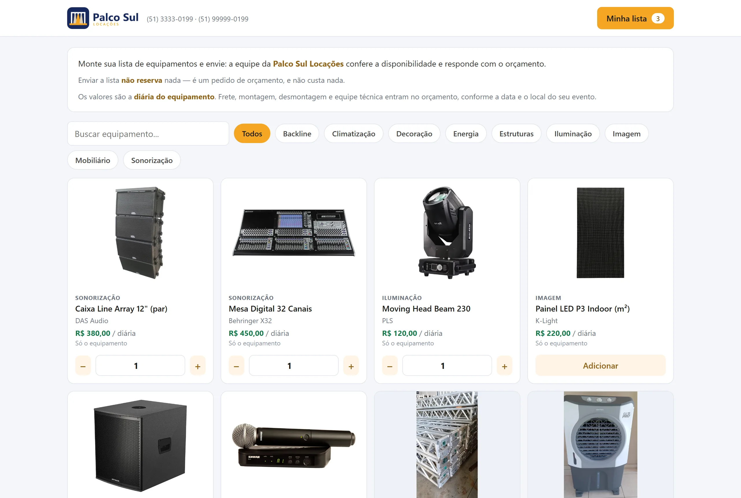 Vitrine pública de uma locadora no Locca: o nome e o telefone da empresa no topo, a explicação de que enviar a lista não reserva nada, os filtros por categoria, os equipamentos de sonorização com a diária e os botões para adicionar, e Minha lista com 3 itens.